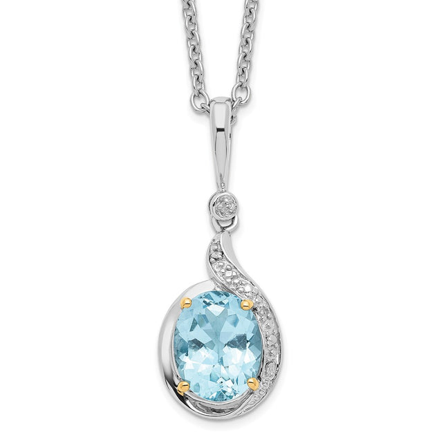 Brilliant Gemstones Sterling Silver with 14K Accent Rhodium-plated Sky Blue Topaz and Diamond Necklace with Extender, 20 x 12mm