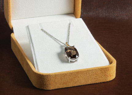 Brilliant Gemstones Sterling Silver with 14K Accent Rhodium-plated Smoky Quartz and Diamond Necklace with Extender