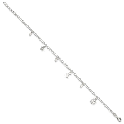 Sterling Silver Polished Sun Moon and Stars 9in Plus 1in Ext. Anklet