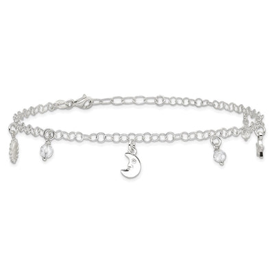 Sterling Silver Polished Sun Moon and Stars 9in Plus 1in Ext. Anklet