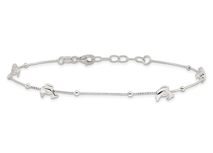 Sterling Silver Polished Dolphin 10in Plus 1in Ext. Anklet