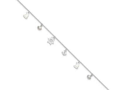 Sterling Silver Polished Ocean Theme 10in Plus 1in Ext. Anklet