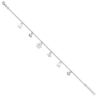Sterling Silver Polished Ocean Theme 10in Plus 1in Ext. Anklet