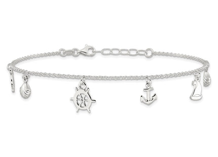 Sterling Silver Polished Ocean Theme 10in Plus 1in Ext. Anklet