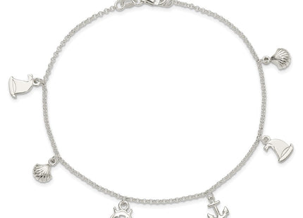 Sterling Silver Polished Ocean Theme 10in Plus 1in Ext. Anklet