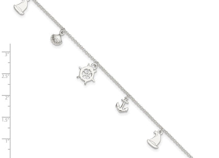 Sterling Silver Polished Ocean Theme 10in Plus 1in Ext. Anklet