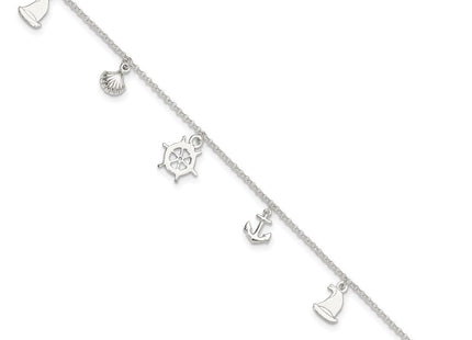 Sterling Silver Polished Ocean Theme 10in Plus 1in Ext. Anklet