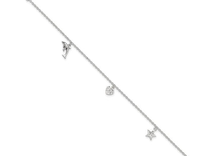 Sterling Silver Polished Heart Star and Dolphin 10in Plus 1in ext. Anklet (Style QG2788-9)