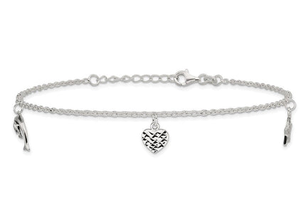 Sterling Silver Polished Heart Star and Dolphin 10in Plus 1in ext. Anklet (Style QG2788-9)