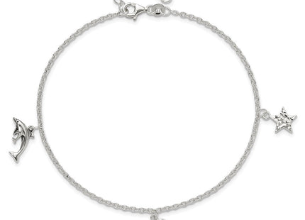 Sterling Silver Polished Heart Star and Dolphin 10in Plus 1in ext. Anklet (Style QG2788-9)