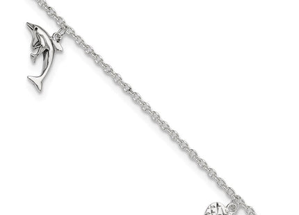 Sterling Silver Polished Heart Star and Dolphin 10in Plus 1in ext. Anklet (Style QG2788-9)