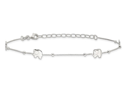 Sterling Silver Polished Elephant 10in Plus 2in Ext. Anklet (Style QG2799-9)