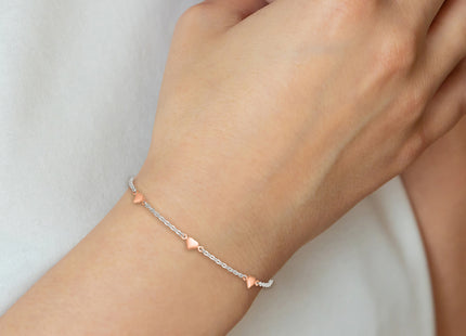Sterling Silver with Rose-tone Polished Hearts 5-Station with Extension Anklet