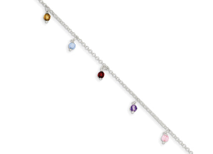 Sterling Silver Polished Multi-colored Beads 9in Plus 1in ext. Anklet