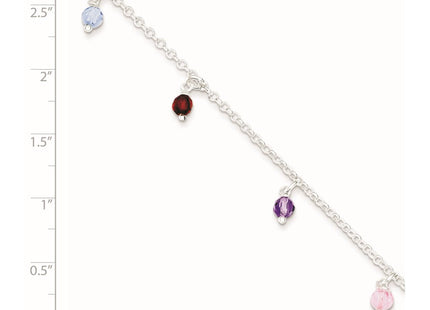 Sterling Silver Polished Multi-colored Beads 10in Plus 1in ext. Anklet