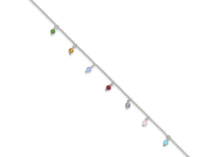 Sterling Silver Polished Multi-colored Beads 10in Plus 1in ext. Anklet (Style QG2817-9)