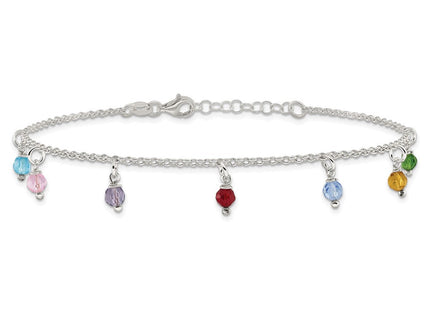 Sterling Silver Polished Multi-colored Beads 10in Plus 1in ext. Anklet (Style QG2817-9)