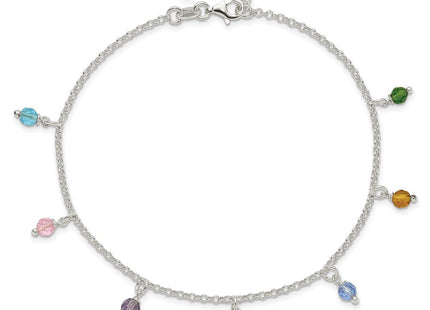 Sterling Silver Polished Multi-colored Beads 10in Plus 1in ext. Anklet (Style QG2817-9)