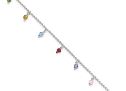 Sterling Silver Polished Multi-colored Beads 10in Plus 1in ext. Anklet