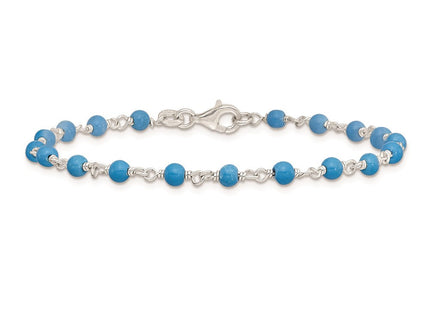 Sterling Silver Genuine Turquoise Bead Polished Bracelet (Style QG2990-7.5)
