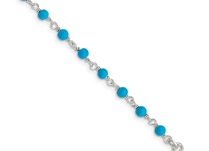 Sterling Silver Genuine Turquoise Bead Polished Bracelet (Style QG2990-7.5)