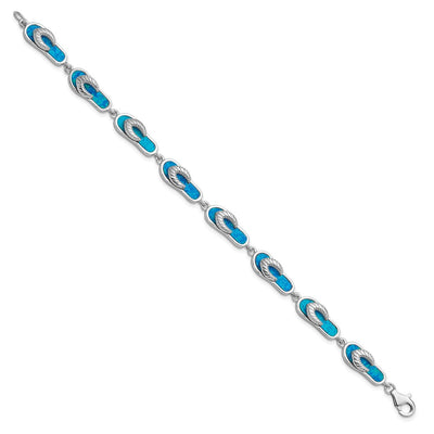 Sterling Silver Rhodium-plated 7in Created Blue Opal Inlay Sandal Bracelet