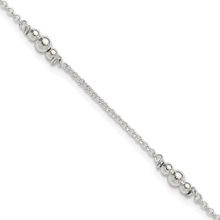 Sterling Silver Polished Bead 10in Plus 1in ext. Anklet (Style QG3136-9)