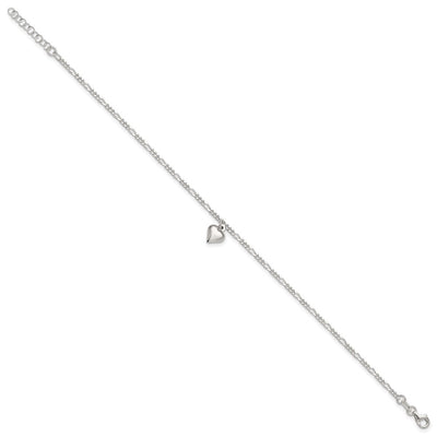 Sterling Silver Polished Heart 9 in Plus 1in ext. Anklet