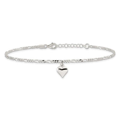 Sterling Silver Polished Heart 9 in Plus 1in ext. Anklet
