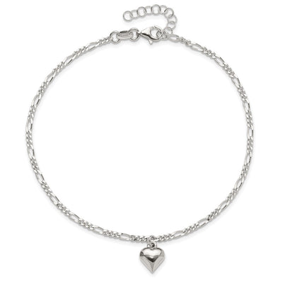 Sterling Silver Polished Heart 9 in Plus 1in ext. Anklet