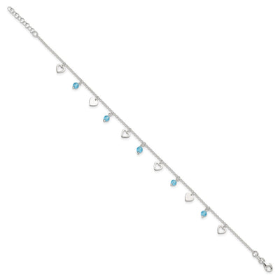 Sterling Silver Heart and Blue Glass Plus1in ext. Anklet