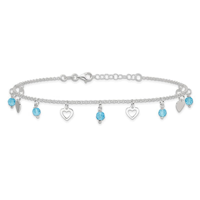 Sterling Silver Heart and Blue Glass Plus1in ext. Anklet