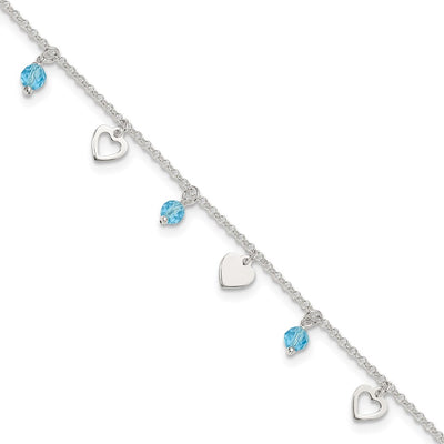 Sterling Silver Heart and Blue Glass Plus1in ext. Anklet