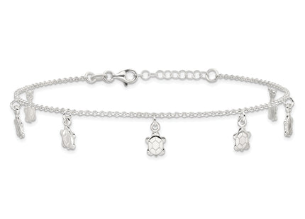 Sterling Silver Polished Turtle 9in Plus 1in Ext. Anklet