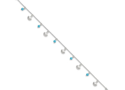 Sterling Silver Polished Shells and Turquoise Beads 9in Plus 1in ext. Ankle (Style QG3167-9)