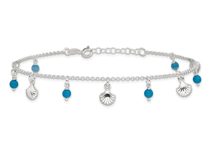 Sterling Silver Polished Shells and Turquoise Beads 9in Plus 1in ext. Ankle (Style QG3167-9)
