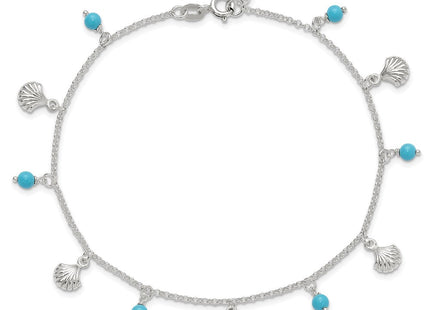 Sterling Silver Polished Shells and Turquoise Beads 9in Plus 1in ext. Ankle (Style QG3167-9)