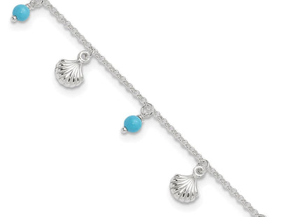 Sterling Silver Polished Shells and Turquoise Beads 9in Plus 1in ext. Ankle (Style QG3167-9)