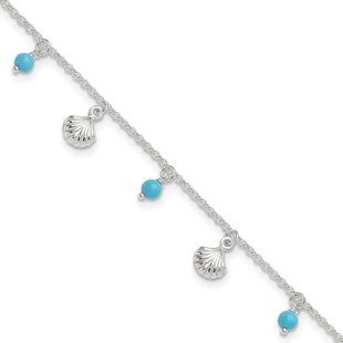 Sterling Silver Polished Shells and Turquoise Beads 9in Plus 1in ext. Ankle (Style QG3167-9)