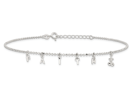 Sterling Silver FAITH 10in Plus 1in Ext. Anklet