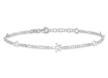 Sterling Silver Polished Moon and Star 10in Plus 1in Ext. Anklet (Style QG3183-9)