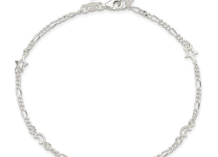 Sterling Silver Polished Moon and Star 10in Plus 1in Ext. Anklet (Style QG3183-9)