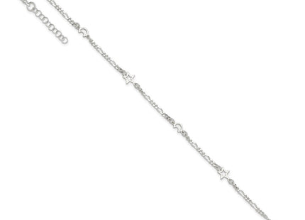 Sterling Silver Polished Moon and Star 10in Plus 1in Ext. Anklet (Style QG3183-9)