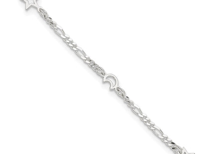 Sterling Silver Polished Moon and Star 10in Plus 1in Ext. Anklet (Style QG3183-9)