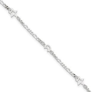 Sterling Silver Polished Moon and Star 10in Plus 1in Ext. Anklet (Style QG3183-9)