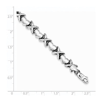 Sterling Silver Rhodium Polished and Brushed X's and Hearts Bracelet