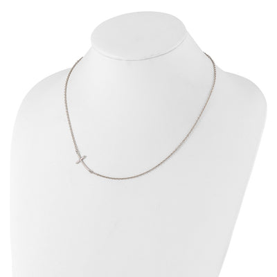Sterling Silver Rh-plated Large Off-Set Sideways Curved Cross Necklace