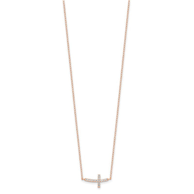 Sterling Silver Rose Gold-plated CZ Sideways Cross w/2in Ext Necklace