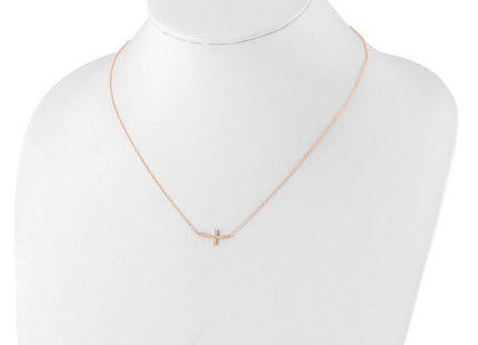 Sterling Silver Rose Gold-plated CZ Sideways Cross w/2in Ext Necklace (Style QG3476P-16)