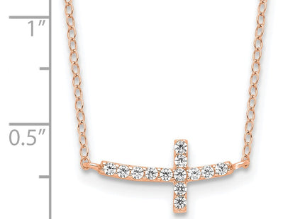 Sterling Silver Rose Gold-plated CZ Sideways Cross w/2in Ext Necklace (Style QG3476P-16)